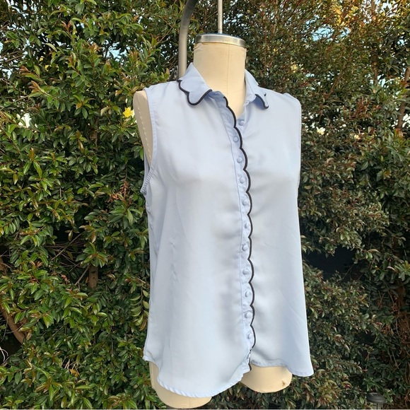 LAUNDRY BY SHELLI SEGAL Sleeveless Scalloped Blouse Women's Medium Blue Top - Picture 1 of 9
